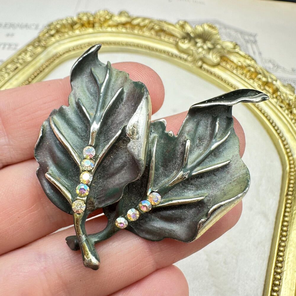 Vintage BSK Brushed Enamel & Rhinestone Leaves Leaf Brooch Moss Green  Enamel